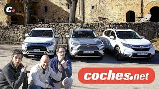 Comparativa SUV Híbridos Toyota RAV4  Honda CRV  Mitsubishi Outlander PHEV  Prueba  cochesnet [upl. by Hakaber]