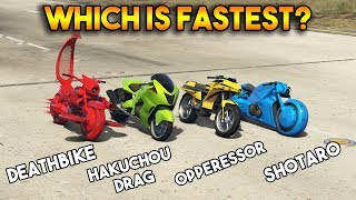 GTA 5 ONLINE  OPPRESSOR VS HAKUCHOU DRAG VS SHOTARO VS DEATHBIKE WHICH IS FASTEST [upl. by Harrison]