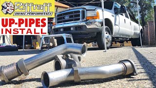 2001 F350 73  RiffRaff UpPipes Install  Stock up pipes leaking and falling apart JUNK SP [upl. by Tinor]